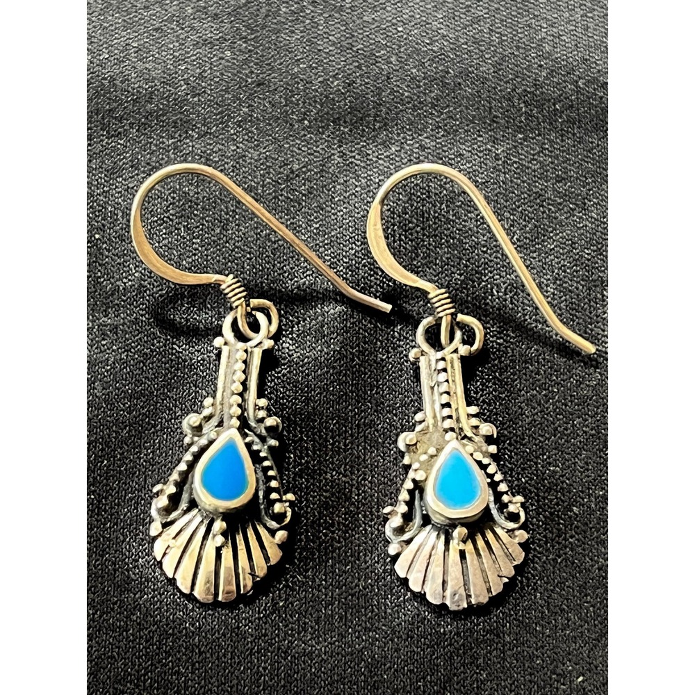 Vintage Sterling Silver Turquoise Dangle Drop Earrings Navajo Southwestern 925